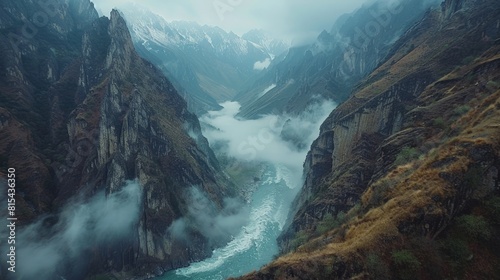 Aerial view of the Tiger Leaping Gorge in China, showcasing the dramatic river gorge with its steep cliffs and the Jinsha River flowing below. 