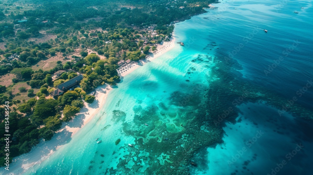 Aerial view of the Zanzibar Archipelago in Tanzania, featuring the stunning white sandy beaches, turquoise waters, and vibrant coral reefs.     