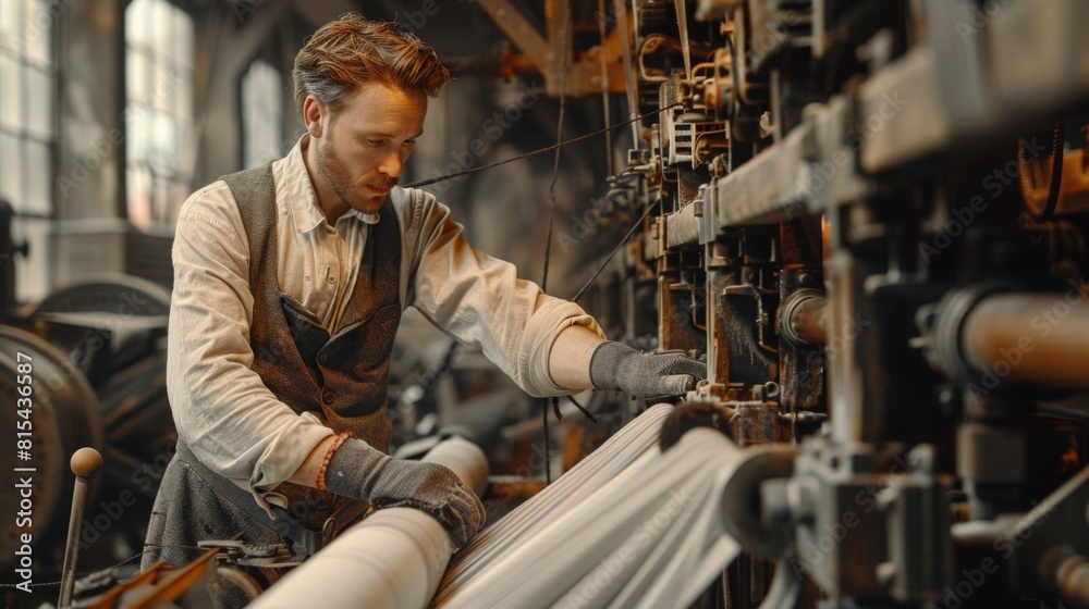 A mechanic adjusting the tension in the belts of a large textile loom. A mechanic adjusting the tension in the belts of a large textile loom.