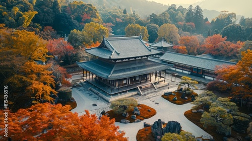 Aerial view of the Ryoan-ji Temple in Kyoto, Japan, featuring its famous rock garden and traditional Japanese architecture set amidst a tranquil environment. 