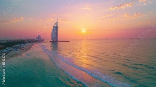 Aerial view of the Burj Al Arab in Dubai, UAE, with its iconic sail-shaped structure set against the backdrop of the Arabian Gulf.     