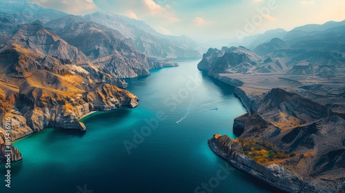 Aerial view of the Musandam Peninsula in Oman, featuring its dramatic fjords, rugged mountains, and turquoise waters.      photo