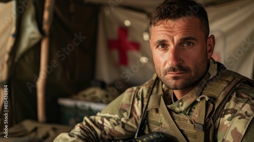 The picture of the military medic officer in the warfare and has been surrounded with medical tent, the medic require skill medical knowledge, patient, medical procedures, compassion, empathy. AIG43.