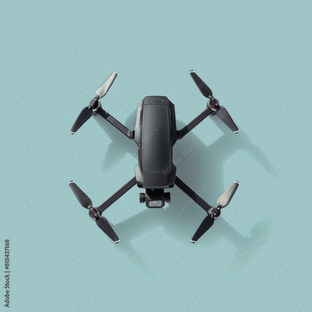 A sleek, modern drone in black and gray, set against a light blue background., AI Generative