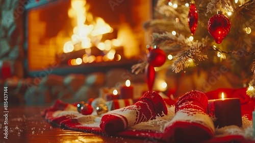  A tight shot of slippers beside a Christmas tree and a lit fireplace