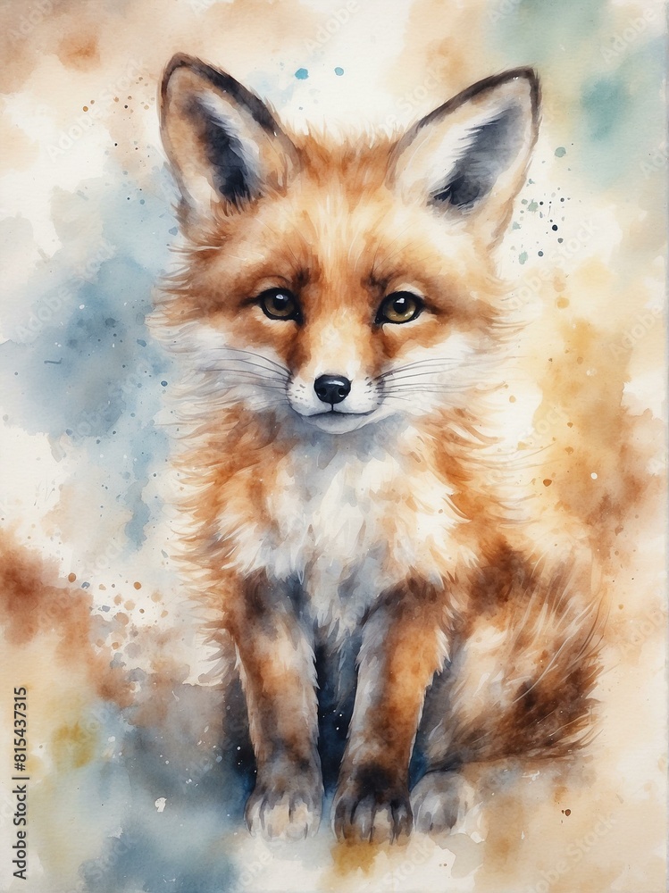 Mystical watercolor illustration of a cute baby fox in vibrant colors
