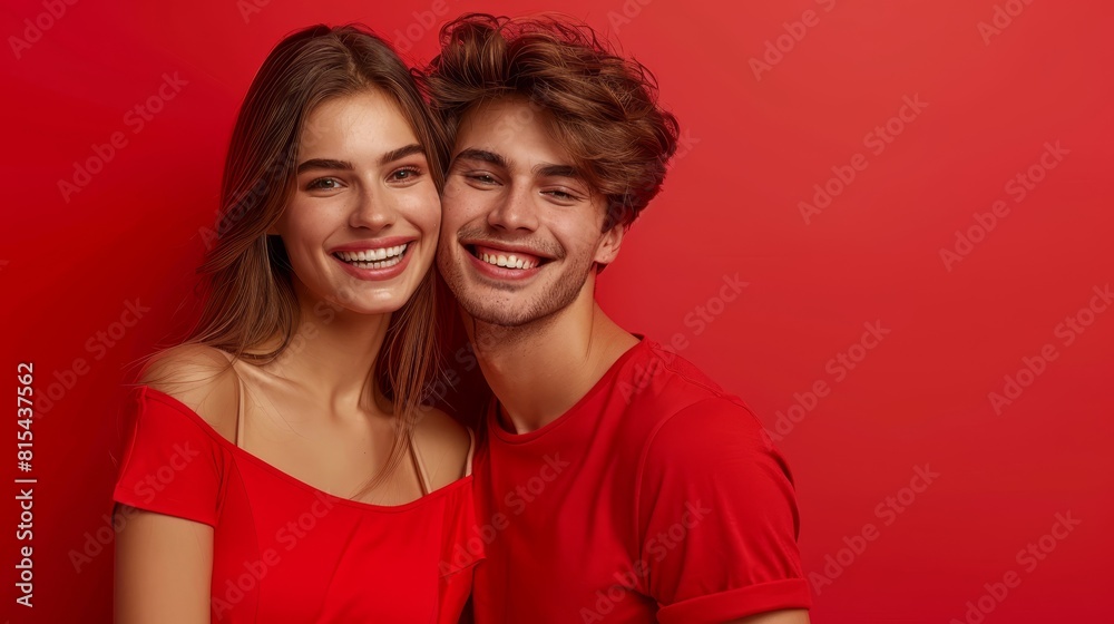 A man and a woman, smiles on their faces, stand before a red wall A man and a woman, smiles on their faces, stand before a red wall