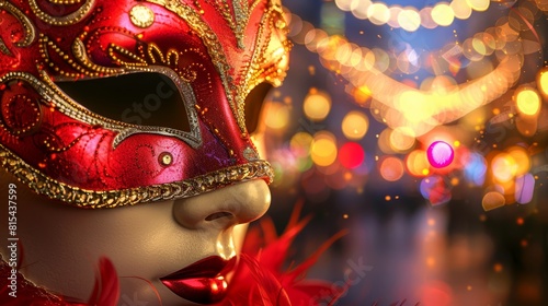  A mask, masquerade style, closely frames a mannequin's head Lights glow in the backdrop
