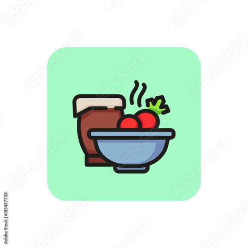 Line icon of bowl with hot borscht and sour cream. Vegetable soup, Russian food, Ukrainian food. Meal concept. For topics like national cuisine, food, menu