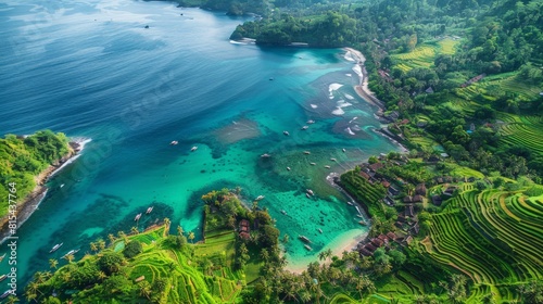 Aerial view of the Bali in Indonesia, featuring the stunning coastline, lush rice terraces, and vibrant coral reefs. 