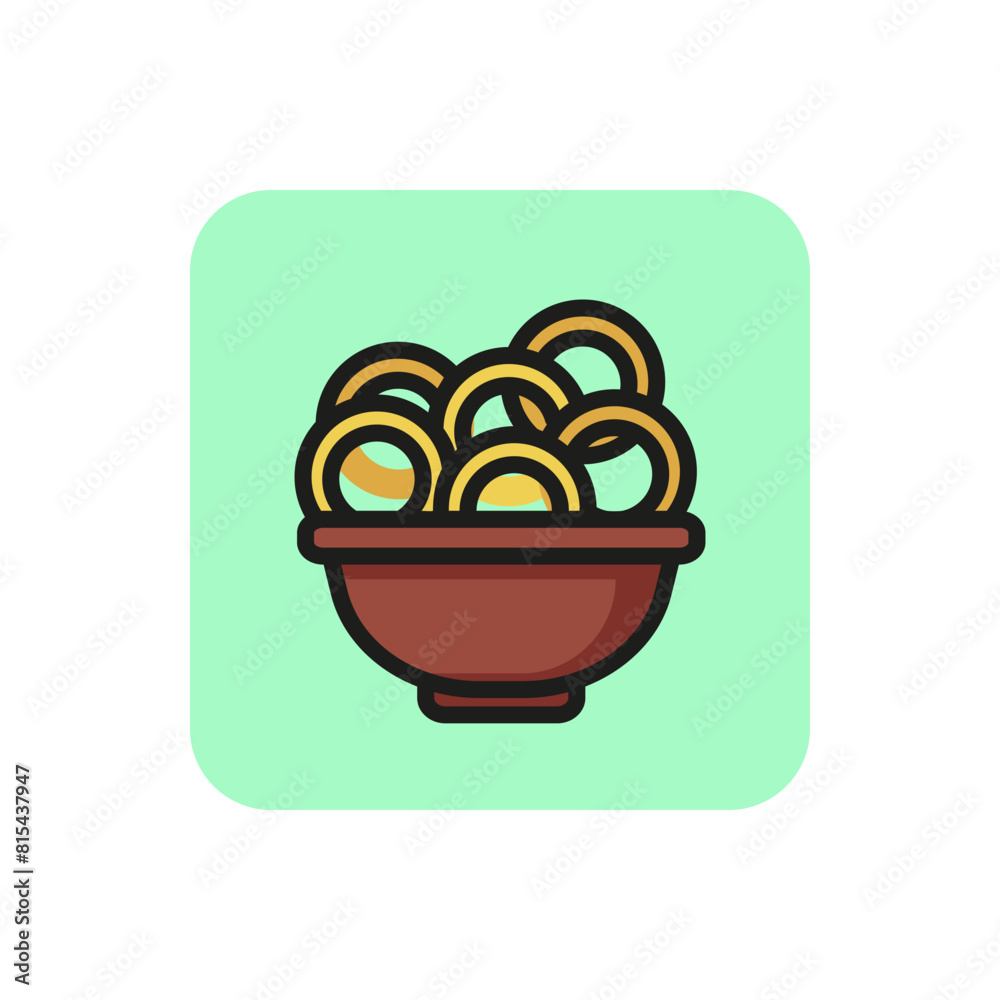 Line icon of bowl with squid rings. Junk food, snack, onion rings. Meal concept. For topics like food, menu, unhealthy eating Line icon of bowl with squid rings. Junk food, snack, onion rings. Meal concept. For topics like food, menu, unhealthy eating