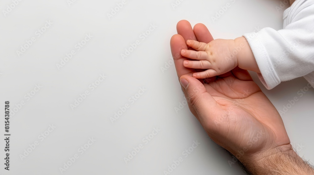 Naklejka premium A person closely holds a small child's hand, thumb touching a white surface