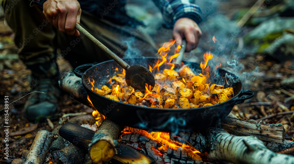 Fototapeta premium Cooking Over Campfire: Rustic Outdoor Meal Preparation.