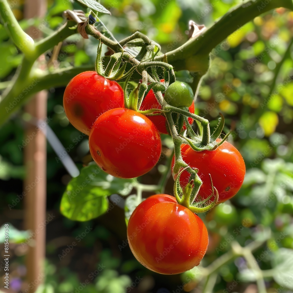 Juicy red tomatoes on a green branch. Ripe vegetables. Juicy red tomatoes on a green branch. Ripe vegetables.