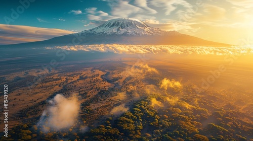 Aerial view of Mount Kilimanjaro in Tanzania  showcasing its snow-capped peak and the surrounding savannah landscape at sunrise.     