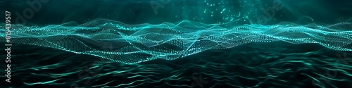 A futuristic digital mesh where nodes in shades of teal and aqua are connected by flowing turquoise lines against a deep sea background