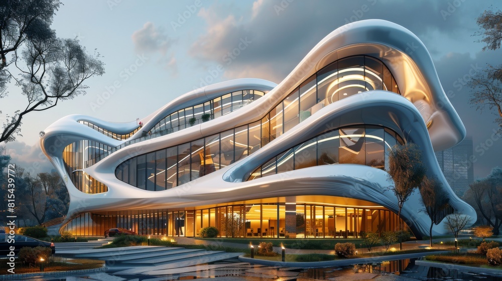 Obraz premium A futuristic office building with an aerodynamic design to reduce wind load.