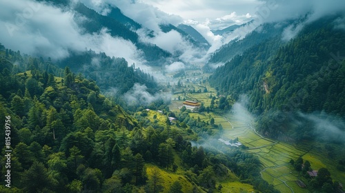 Aerial view of the Himalayas in Bhutan  featuring the towering peaks  lush valleys  and traditional monasteries.     
