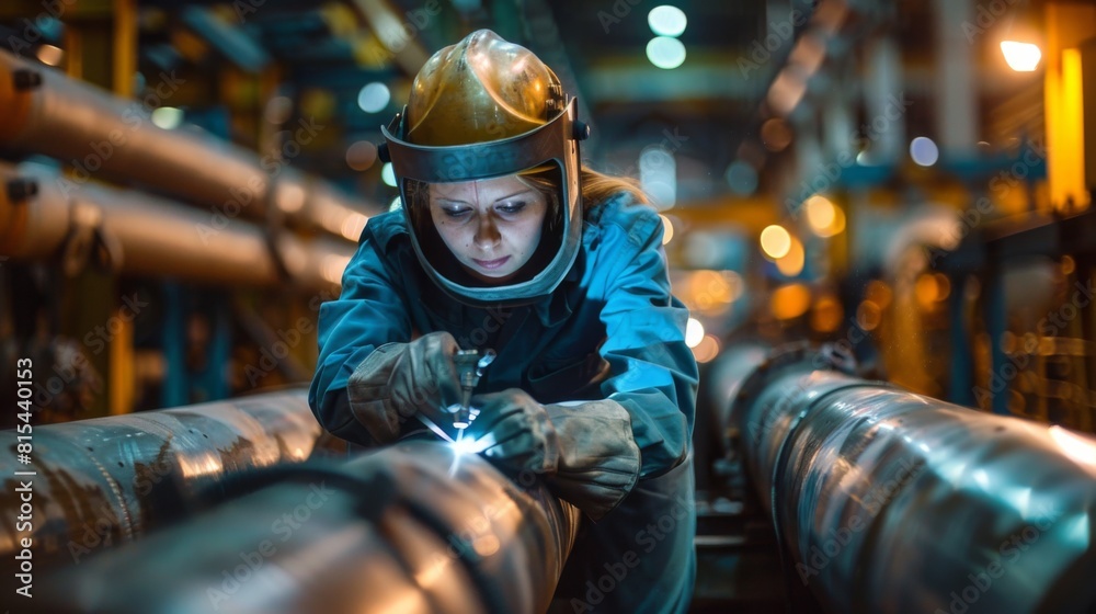 A female welder repairing a water pipeline in an industrial area. A female welder repairing a water pipeline in an industrial area.