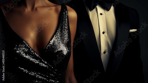  A man in a tuxedo stands next to a woman in a sequin-embellished dress photo