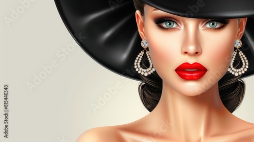  A woman dons a black hat, wears red lipstick, and accessorizes with earrings photo