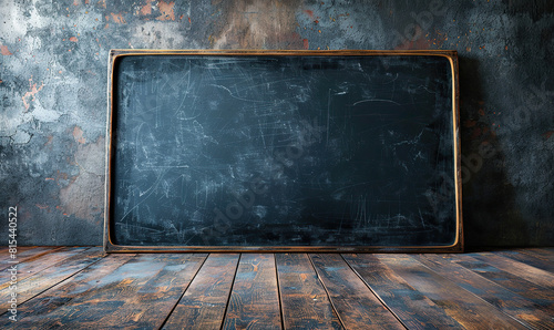 An old chalkboard with scribbles stands against a dark wall in a dimly lit room. Generate AI