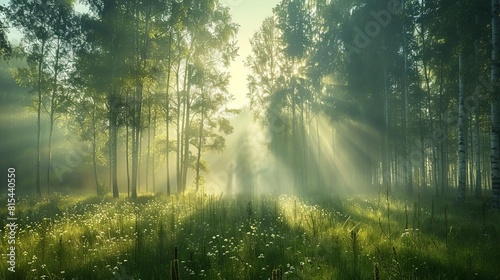 Beauty of a tranquil forest at dawn focus on ethereal composite with soft mist backdrop