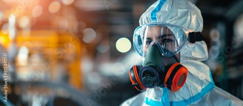 A woman in a hazmat suit is wearing a gas mask
