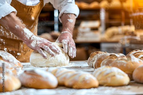 A baker kneads dough preparing it for baking fresh bread against blurred bakery background.