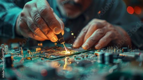 A detailed view of an engineer soldering a circuit board for factory automation. photo