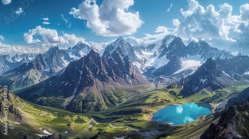 Aerial view of the Tian Shan Mountains in Kyrgyzstan, featuring the rugged peaks, alpine meadows, and glacial lakes.      photo