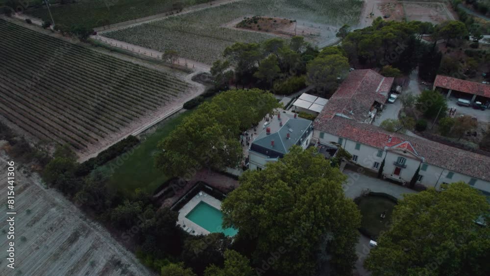 Aerial establishing shot of a wedding being hosted in a villa in Montpellier Aerial establishing shot of a wedding being hosted in a villa in Montpellier