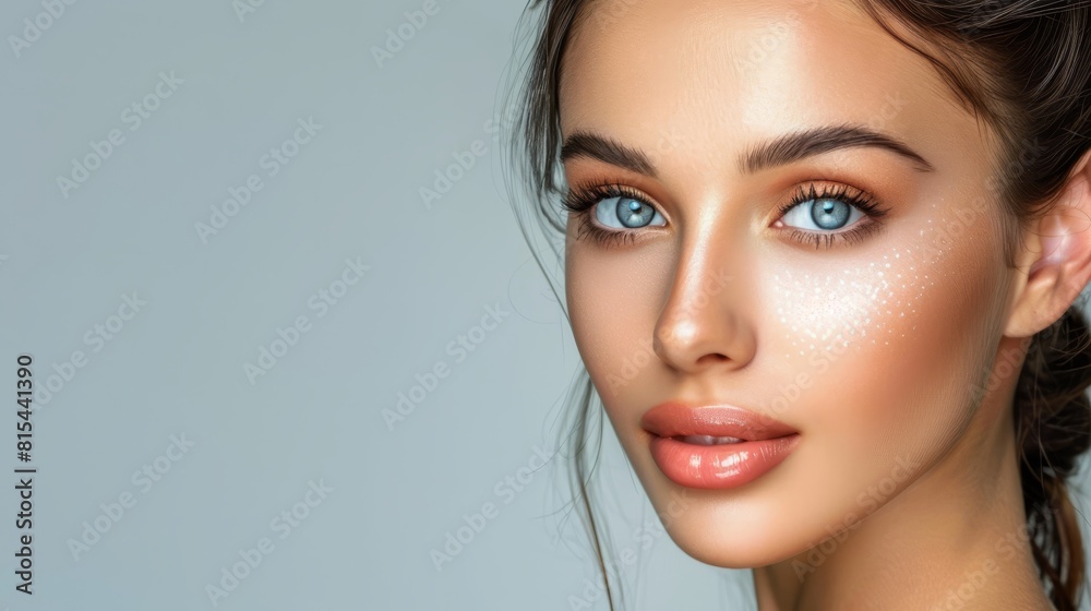 A close-up of a woman's face with bright blue eyes and freckled complexion A close-up of a woman's face with bright blue eyes and freckled complexion