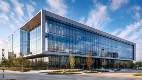 A corporate building with an exterior envelope designed to reduce sound pollution.