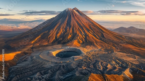 Aerial view of the Mount Ngauruhoe in New Zealand, showcasing the symmetrical volcanic cone and the surrounding rugged terrain.      photo