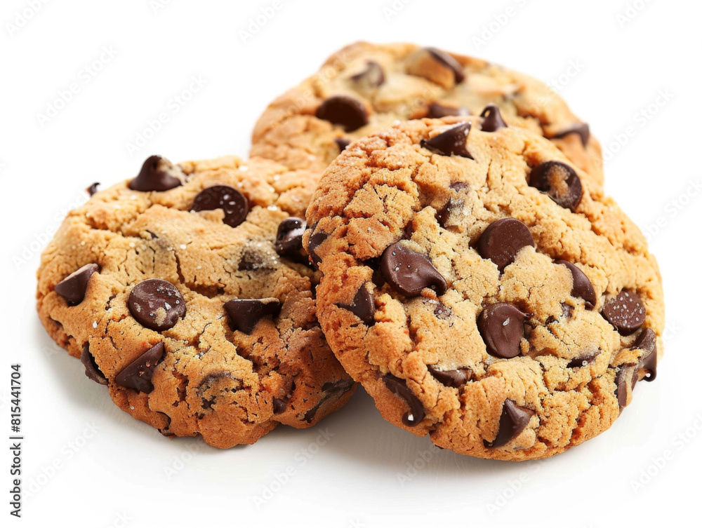 Three chocolate chip cookies stacked on top of each other Three chocolate chip cookies stacked on top of each other