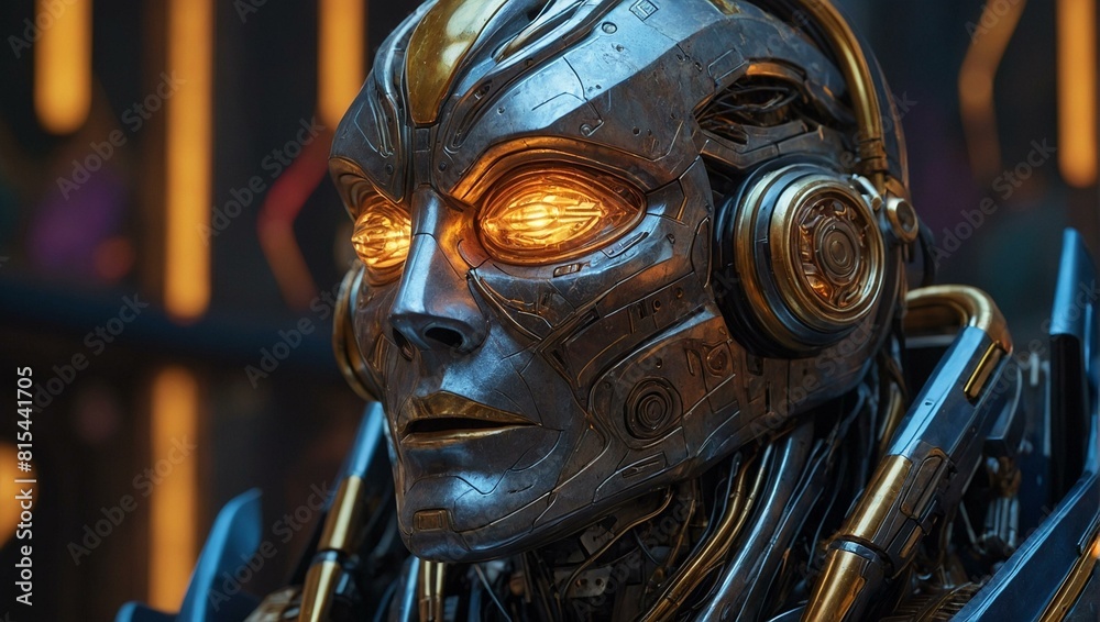 Close-up of futuristic robot with glowing eyes and metallic features