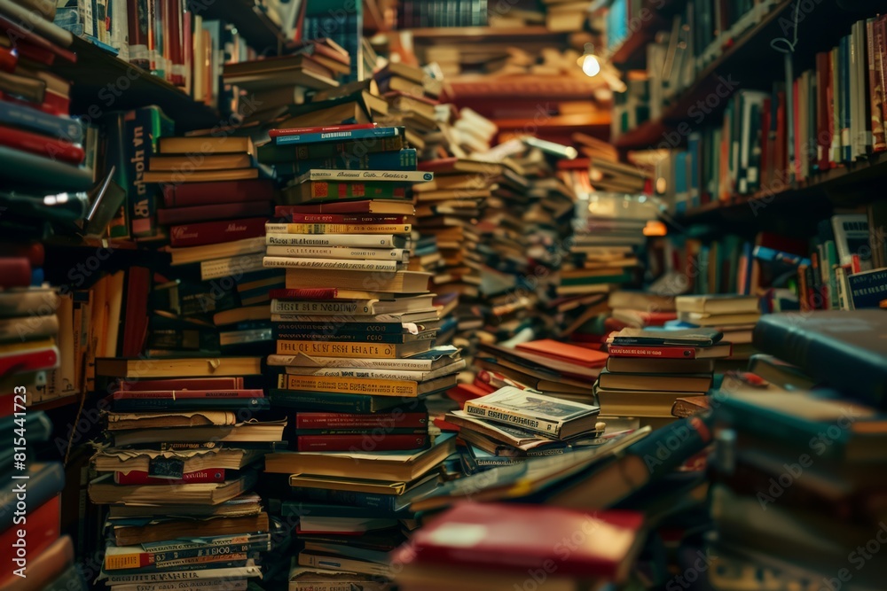 A library with a lot of books stacked on top of each other A library with a lot of books stacked on top of each other