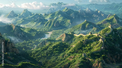 Aerial view of the Great Wall of China stretching across rugged mountains and valleys, with sections winding over steep ridges and through lush forests.      photo
