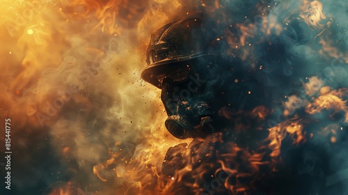 A firefighter is wearing a mask and standing in front of a fire © crazyass