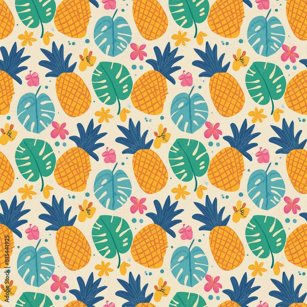 a vibrant pattern with tropical fruits and leaves, including pineapples, bananas a vibrant pattern with tropical fruits and leaves, including pineapples, bananas