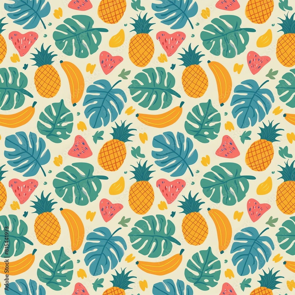 a vibrant pattern with tropical fruits and leaves, including pineapples, bananas a vibrant pattern with tropical fruits and leaves, including pineapples, bananas
