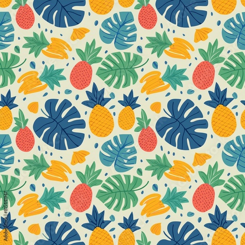 a vibrant pattern with tropical fruits and leaves, including pineapples, bananas