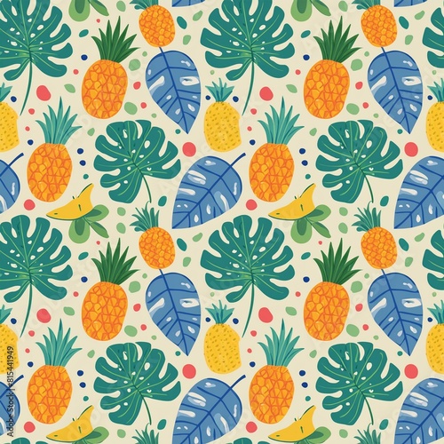 a vibrant pattern with tropical fruits and leaves, including pineapples, bananas