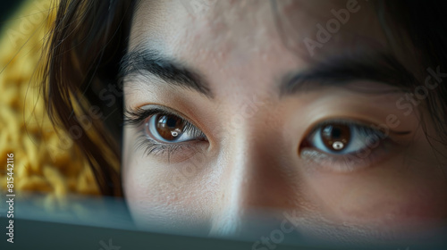 A woman with brown eyes is looking at a laptop screen