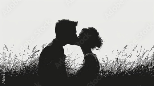  A man and woman silhouetted, kissing in a tall grass field, beneath the expansive sky