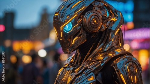 Close-up of futuristic robot with glowing eyes and metallic features