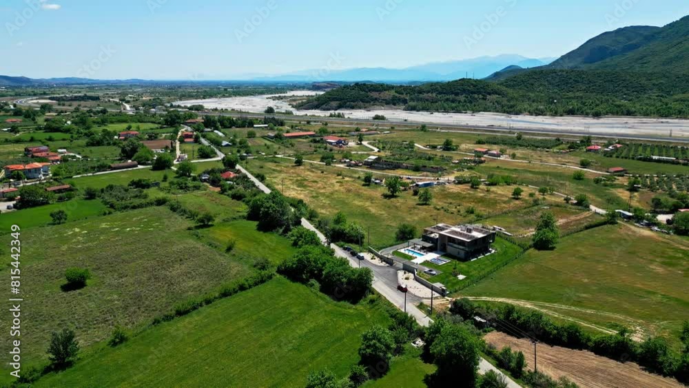 Hotel resort with swimming pool in rural landscape countryside Greece aerial Hotel resort with swimming pool in rural landscape countryside Greece aerial