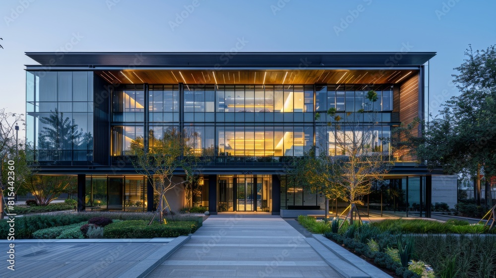 A contemporary office building with a facade that includes large pivoting doors for open-air access.