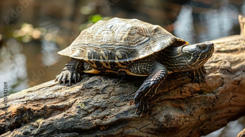 A turtle is laying on a log in the sun